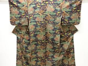 流水に草花模様織り出し手織り紬着物